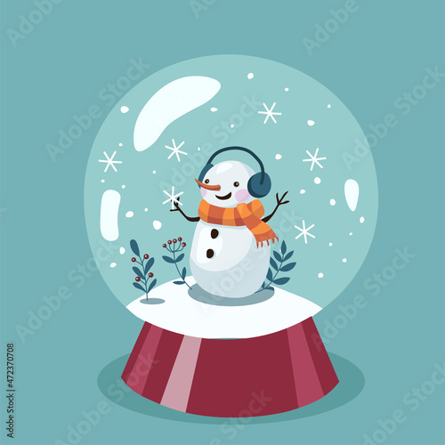 Cute snowman in a snow globe. vector stock illustration.
