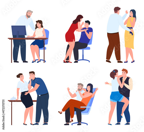 Sexual harassment at work or public place collection vector flat illustration. Set assault and abuse