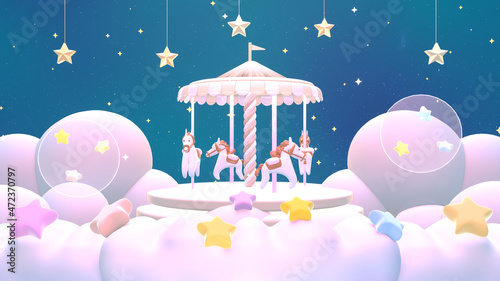 3d rendered carousel on the clouds and hanging stars.