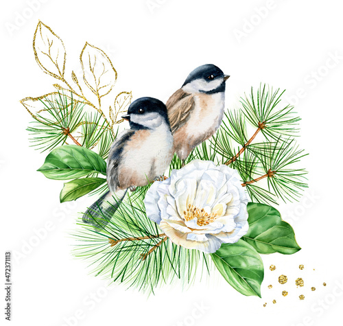 Canvas Print Watercolor birds on bouquet with white rose