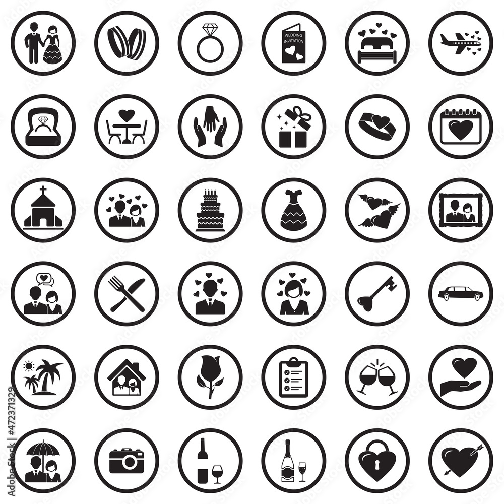 Wedding Icons. Black Flat Design In Circle. Vector Illustration. Wedding Icons. Black Flat Design In Circle. Vector Illustration.