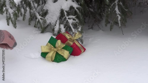 Female hands in winter gloves put a Christmas gift box under the tree in a snowy winter forest. Fluffy snow is falling.