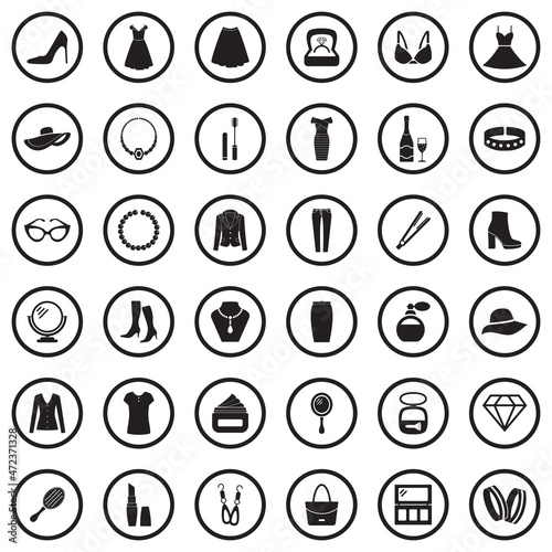 Woman Accessories Icons. Black Flat Design In Circle. Vector Illustration.