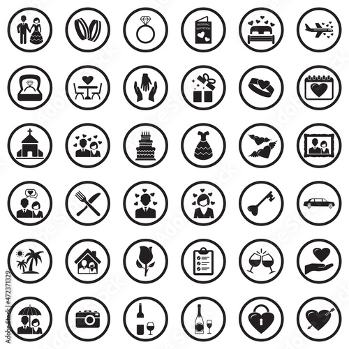 Wedding Icons. Black Flat Design In Circle. Vector Illustration.