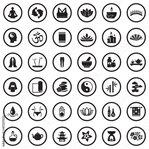 Yoga And Zen Icons. Black Flat Design In Circle. Vector Illustration.