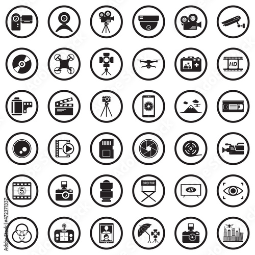 Video Camera Icons. Black Flat Design In Circle. Vector Illustration.