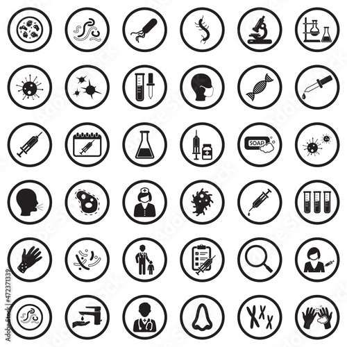 Virus And Bacteria Icons. Black Flat Design In Circle. Vector Illustration.
