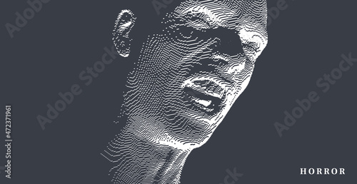 Furious screaming man. Emotional scream of a man with open shouting mouth. Demon face. People and emotions concept. Voxel art. 3D vector illustration.