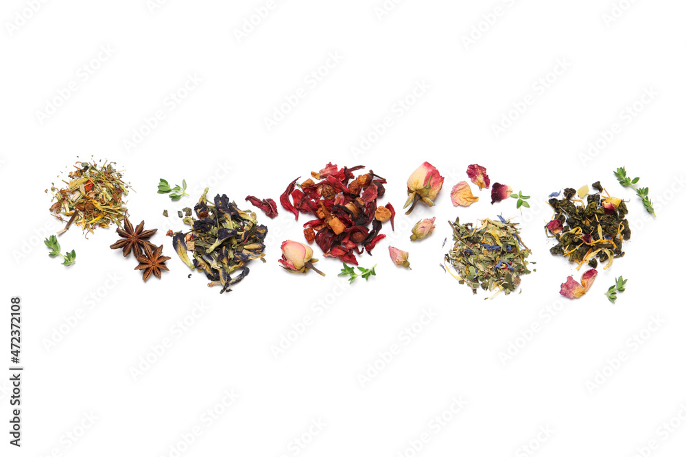 Different dry herbal teas on white background, top view - obrazy, fototapety, plakaty 