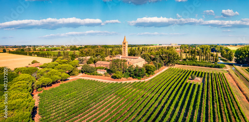 Panoramic summer view from flying drone of Pomposa Abbey tower among the green vineyards. Fresh green scene of Italian countryside, Province of Ferrara, Italy.  photo