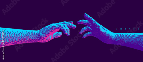 Hands reaching towards each other. Concept of human relation, togetherness or  partnership. Pixel cube art. 3D vector illustration. Can be used for advertising, marketing or presentation.
