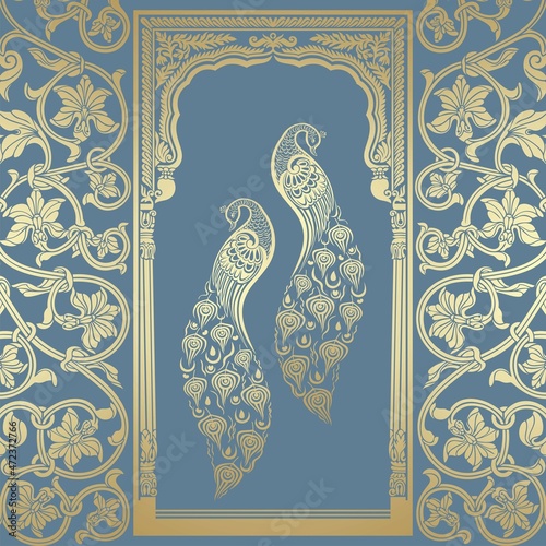 peacocks, feathers ,wedding card design, royal India	