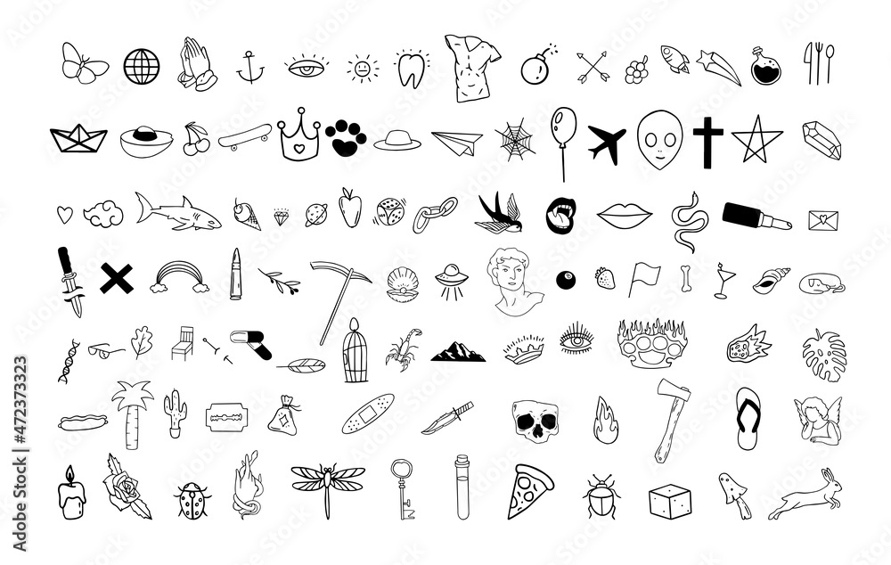 Set of pop culture doodles. Icons for creating patterns, wallpapers, covers, tattoos.
