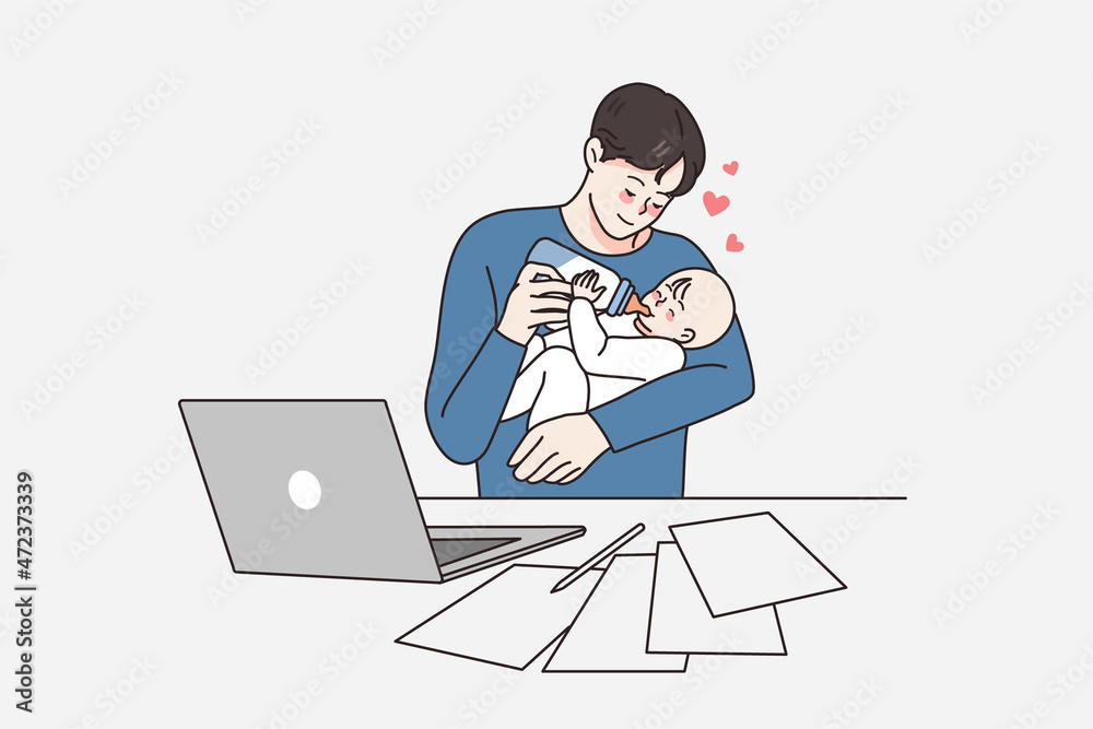 Happy parenthood and fatherhood concept. Young positive loving father sitting at laptop working and feeding his small newborn baby with milk from bottle vector illustration 