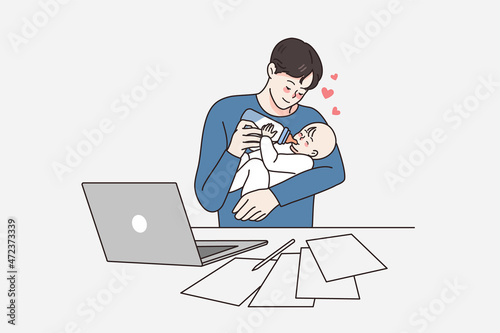 Happy parenthood and fatherhood concept. Young positive loving father sitting at laptop working and feeding his small newborn baby with milk from bottle vector illustration 