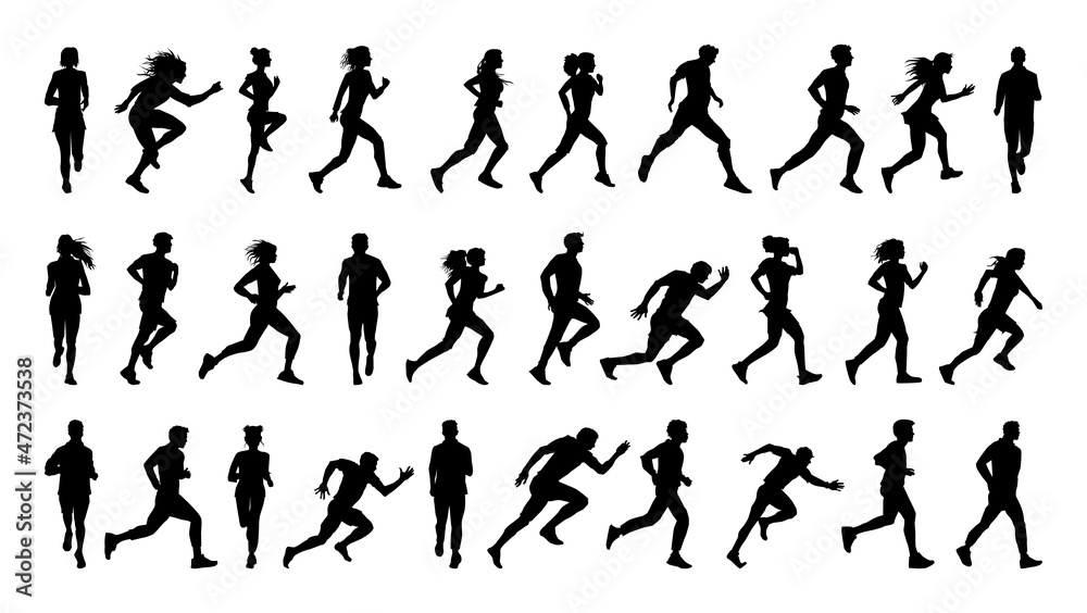 Collection of running black silhouettes of men and women.