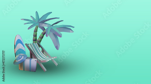 beach holiday ornaments under coconut trees and various other items on a blue background