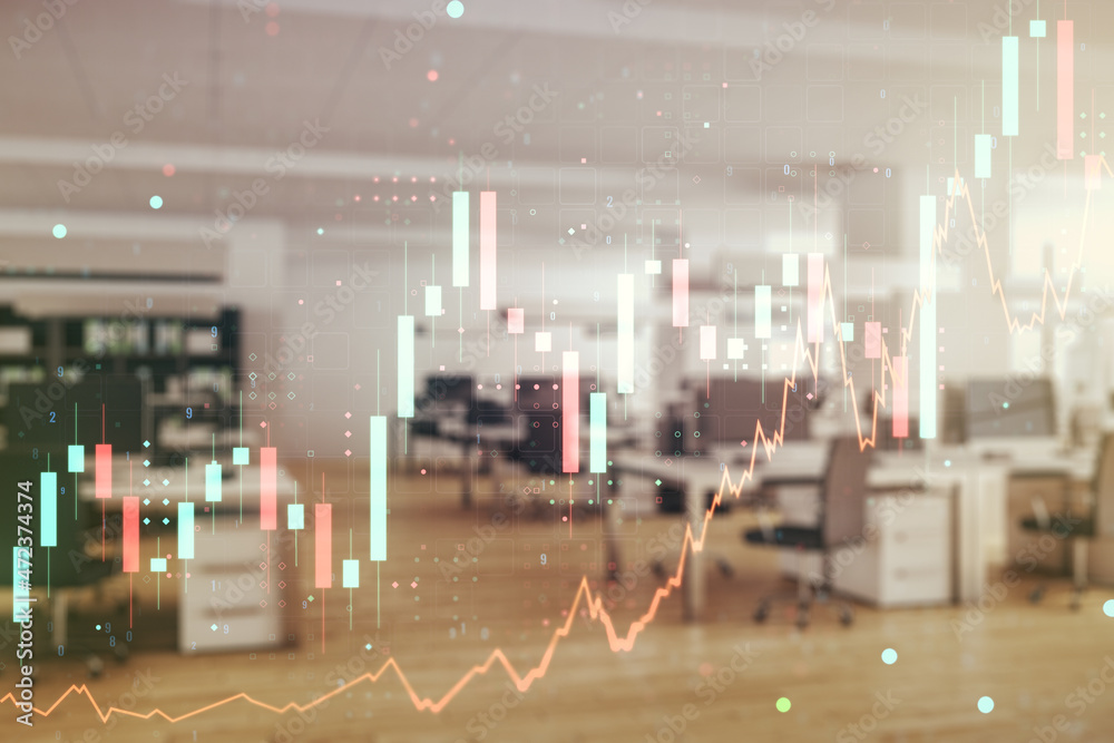Fototapeta premium Multi exposure of virtual creative financial chart hologram on modern corporate office background, research and analytics concept