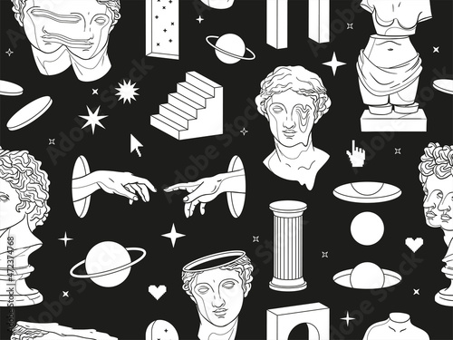 Greek ancient statues and surreal elements in trendy psychedelic weird style. Seamless vector pattern.