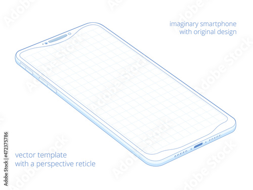 Blue biro outline of smartphone on a white background. Draft 3d blueprint of some gadget in perspective view. Original vector concept of the modern device with a grid on a blank screen