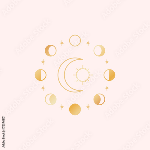 Gold Moon phases. Sun and moon tarot design. Golden icon vector illustration.