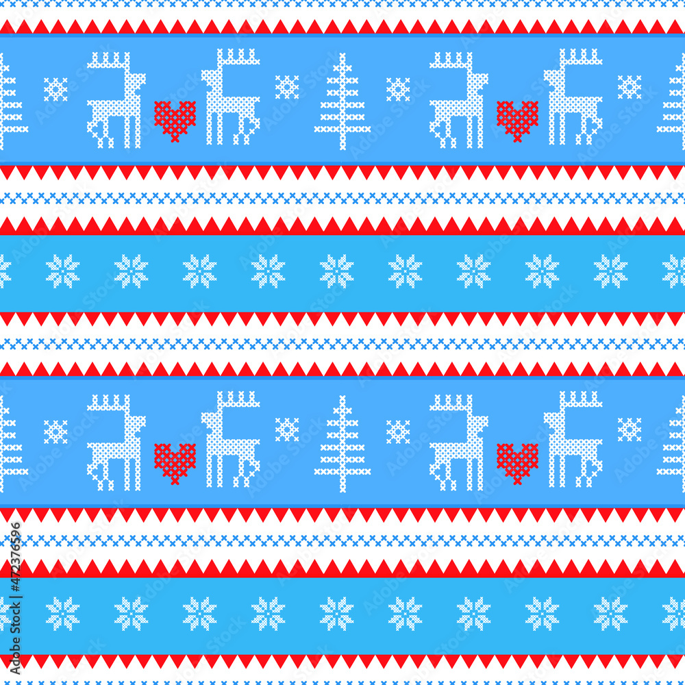 Bright blue seamless Christmas background with reindeer, hearts and snowflakes Bright blue seamless Christmas background with reindeer, hearts and snowflakes