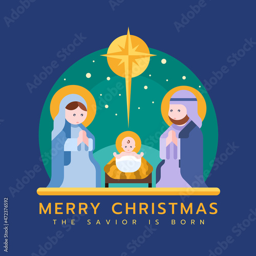 Merry christmas, the savior is born - The Nativity with mary and joseph in a manger with baby Jesus and light star, cute character modern style vector design
