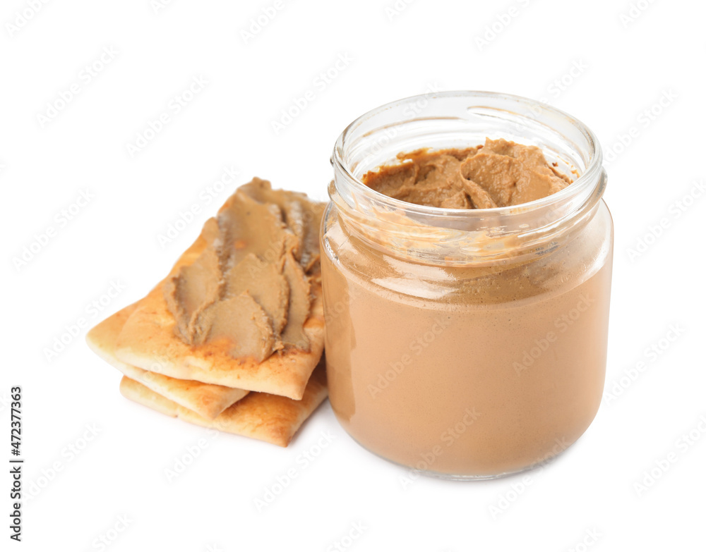 Crispy crackers and delicious meat pate on white background Crispy crackers and delicious meat pate on white background