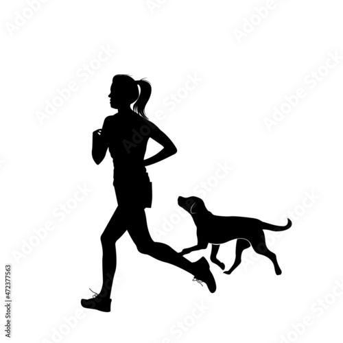 Woman and dog running and exercising outdoor at grass field on summer or spring. Happy female athlete training with her pet.
