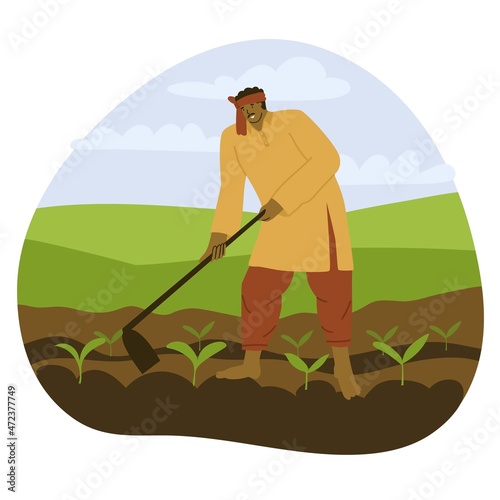 Indian Man in turban works by hoe in the field. Agriculture in Asia. Natural farming, village. Hard manual labor. Flat style in vector illustration. India, Vietnam, Bangladesh, Cambodia, Thailand.