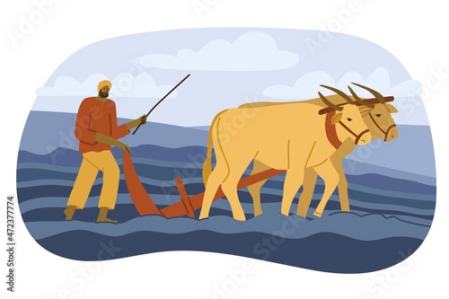 Man worker plows the land with the help of oxen harnessed to a plow. Natural farming, village. Hard manual labor. Flat style in vector illustration. India, Vietnam, Bangladesh, Cambodia, Thailand. 