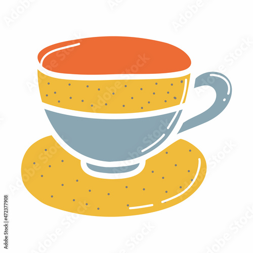 Ceramic cup and saucer, faience mug, clay dishes. Hand drawn vector illustration. Isolated element on a white background