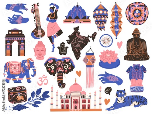 Sticker Set with national Indian elements and Sights mehendi, Buddha, festival elephant, sitar, paper lanterns, Taj Mahal, tea, lotus, Hamsa hand, Triumphal Arch. Flat style Vector illustration