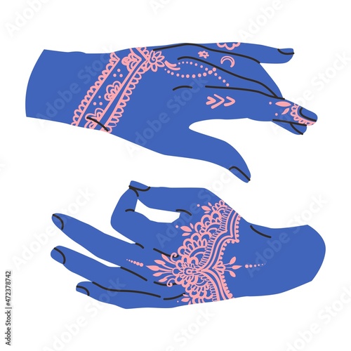 Hands decorated with Indian patterns in the Mehendi style. Set with Elegant woman Hand gestures. Flat style in vector illustration. Isolated on white background element. Fingers, palms.