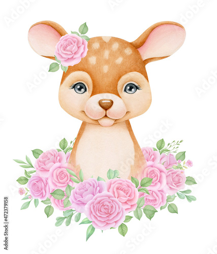 Baby Deer and roses. Hand drawn cute fawn. Watercolor illustration