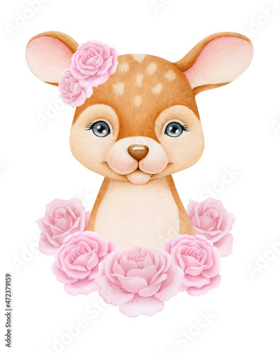 Baby Deer and roses. Hand drawn cute fawn. Watercolor illustration
