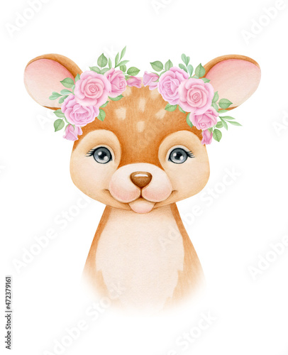 Baby Deer and roses. Hand drawn cute fawn. Watercolor illustration