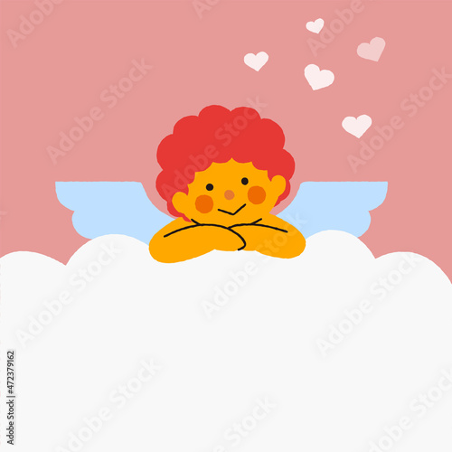 雲の上で上を見ながら空想するシンプルでかわいいキューピッドのイラスト
