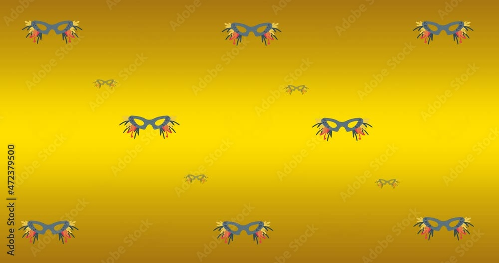 Animation of grey masquerade masks on yellow background Animation of grey masquerade masks on yellow background