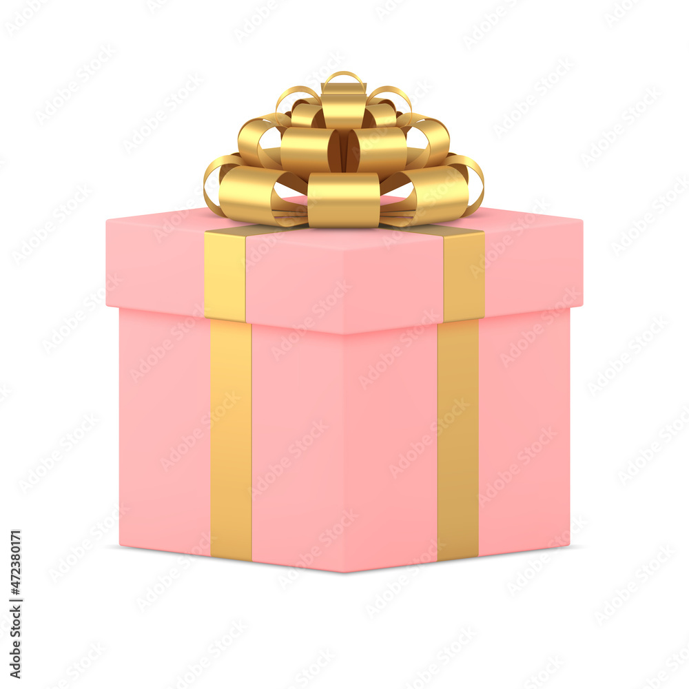 Realistic pink gift box with golden metallic bow 3d template vector illustration Realistic pink gift box with golden metallic bow 3d template vector illustration