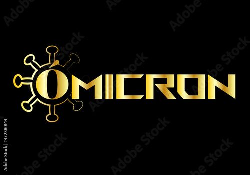 Ómicron, variante del Covid-19 en texto dorado con una partícula de la Covid-19 y todo ello sobre fondo negro. Titular de Ómicron