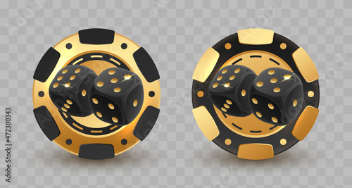 Set of gold poker chips, token with two black dices on transparent background. Vector illustration for card, casino club, game design, flyer, poster, banner, web, advertising.