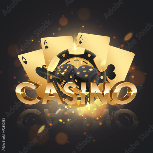 Golden logo casino with golden poker chips, token, black dices and gold playing cards with reflection and lights. Concept for game design. Vector illustration.