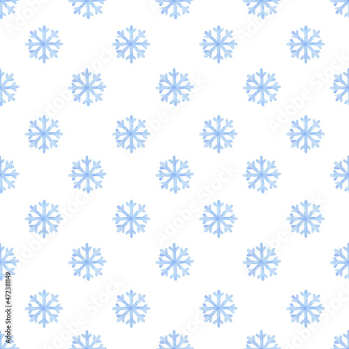 Seamless pattern with watercolor snowflakes of blue color. White background with small snow figures. Winter sample polka dot ornament for fabric, textiles, wallpaper, packaging, print