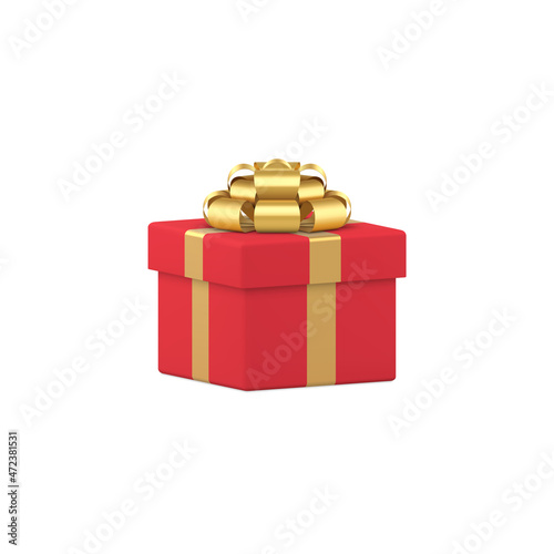 Realistic red gift box with metallic golden bow ribbon 3d vector illustration