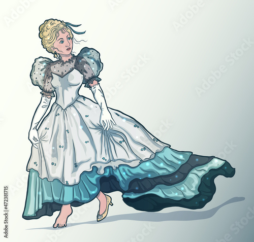 Cinderella. Beautiful princess in ball gown and tiara loosing shoe. Fairytale character. Vector illustration