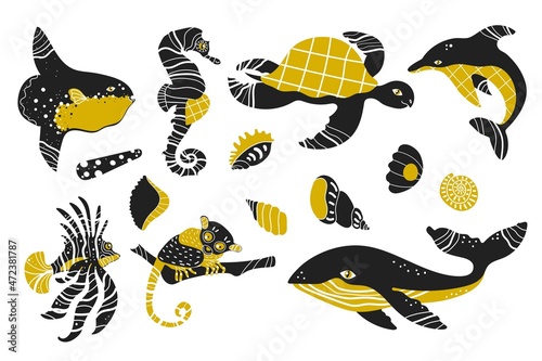 Sea life set with different animals. Isolated on white background. While, turtle, lion fish, moonfish, seahorse, shells. Cartoon funny style. Vector illustration. Underwater world.