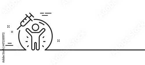 Vaccine protection line icon. Vaccination syringe sign. Jabbed people symbol. Minimal line illustration background. Vaccine protection line icon pattern banner. White web template concept. Vector