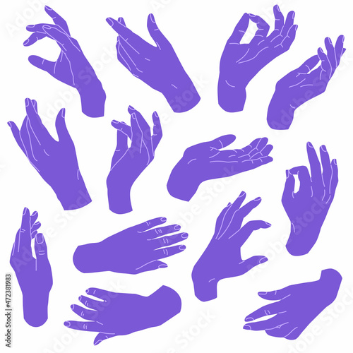 Set with purple color Elegant woman Hand gesture. Flat style in vector illustration. Isolated on white background elements. Body language, non-verbal communication, fingers, palms, holding, catching.