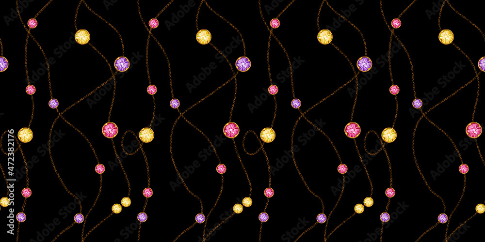 Abstract pattern of gold chains and precious stones on a black background for wallpaper, fabric, paper, social networks
